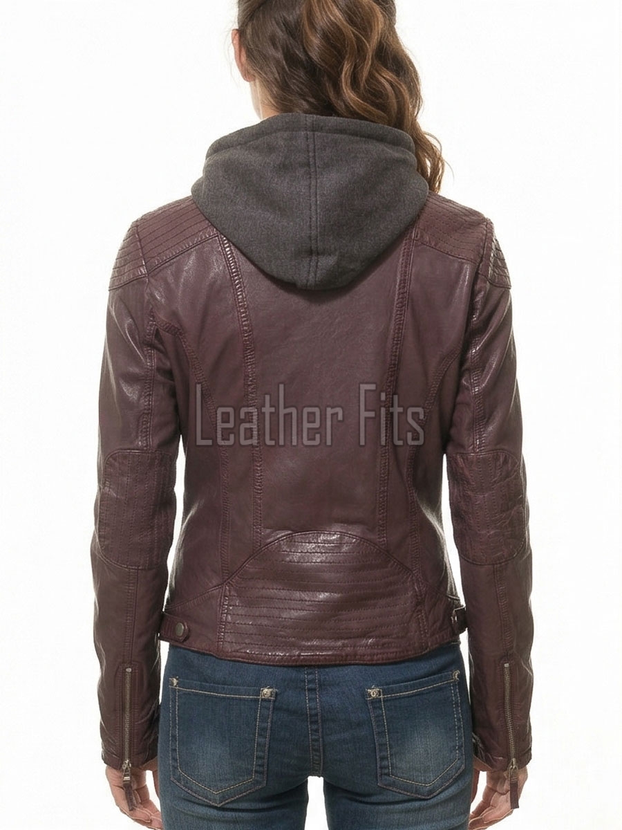 Luxury Plum Maroon Hooded Leather Jacket - Women's Genuine Lambskin Layered Dual Zip Outerwear Quilted Shoulder Detail Snap Hem Moto Garment