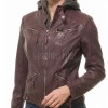Luxury Plum Maroon Hooded Leather Jacket - Women's Genuine Lambskin Layered Dual Zip Outerwear Quilted Shoulder Detail Snap Hem Moto Garment