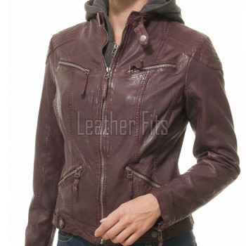 Luxury Plum Maroon Hooded Leather Jacket - Women's Genuine Lambskin Layered Dual Zip Outerwear Quilted Shoulder Detail Snap Hem Moto Garment