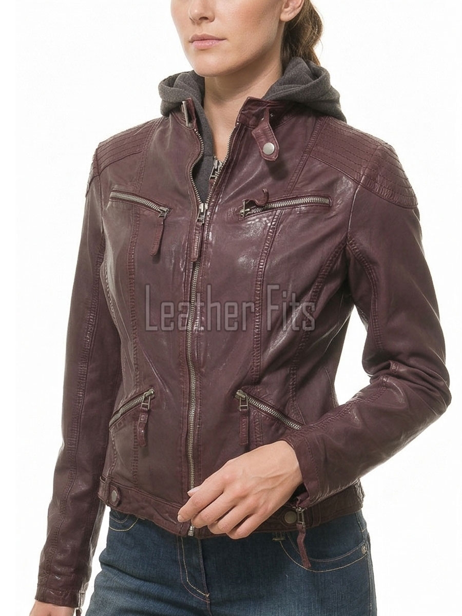 Luxury Plum Maroon Hooded Leather Jacket - Women's Genuine Lambskin Layered Dual Zip Outerwear Quilted Shoulder Detail Snap Hem Moto Garment
