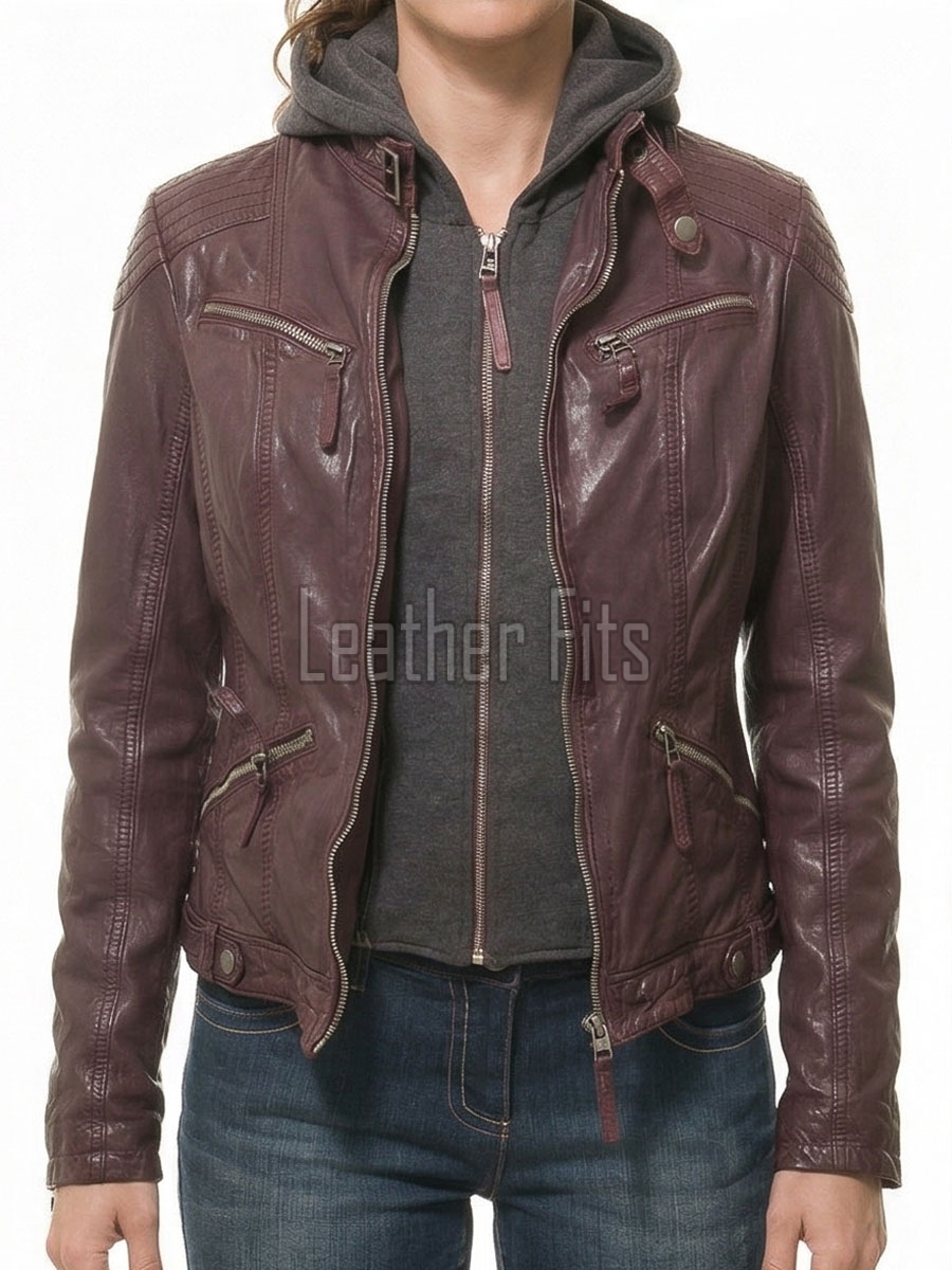 Luxury Plum Maroon Hooded Leather Jacket - Women's Genuine Lambskin Layered Dual Zip Outerwear Quilted Shoulder Detail Snap Hem Moto Garment