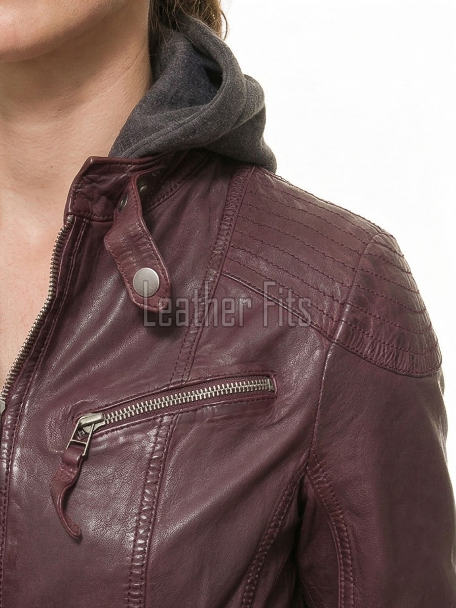 Luxury Plum Maroon Hooded Leather Jacket - Women's Genuine Lambskin Layered Dual Zip Outerwear Quilted Shoulder Detail Snap Hem Moto Garment