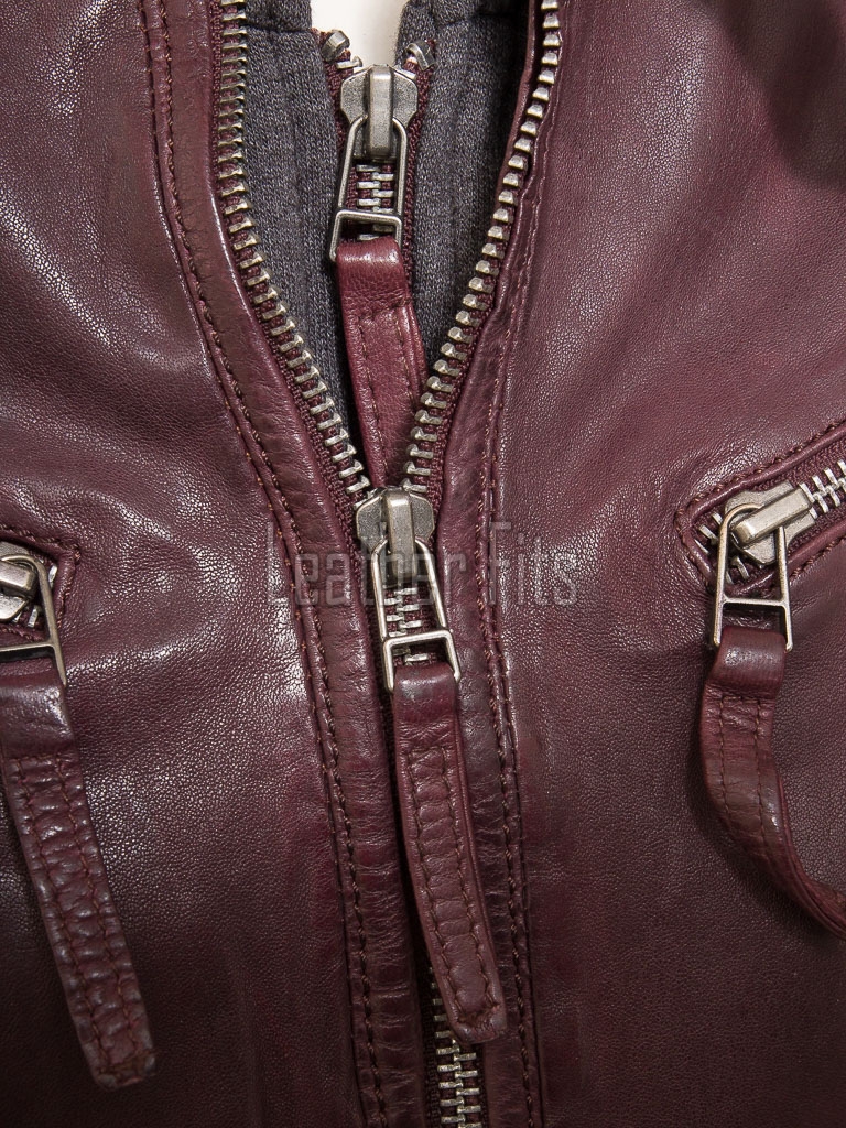 Luxury Plum Maroon Hooded Leather Jacket - Women's Genuine Lambskin Layered Dual Zip Outerwear Quilted Shoulder Detail Snap Hem Moto Garment