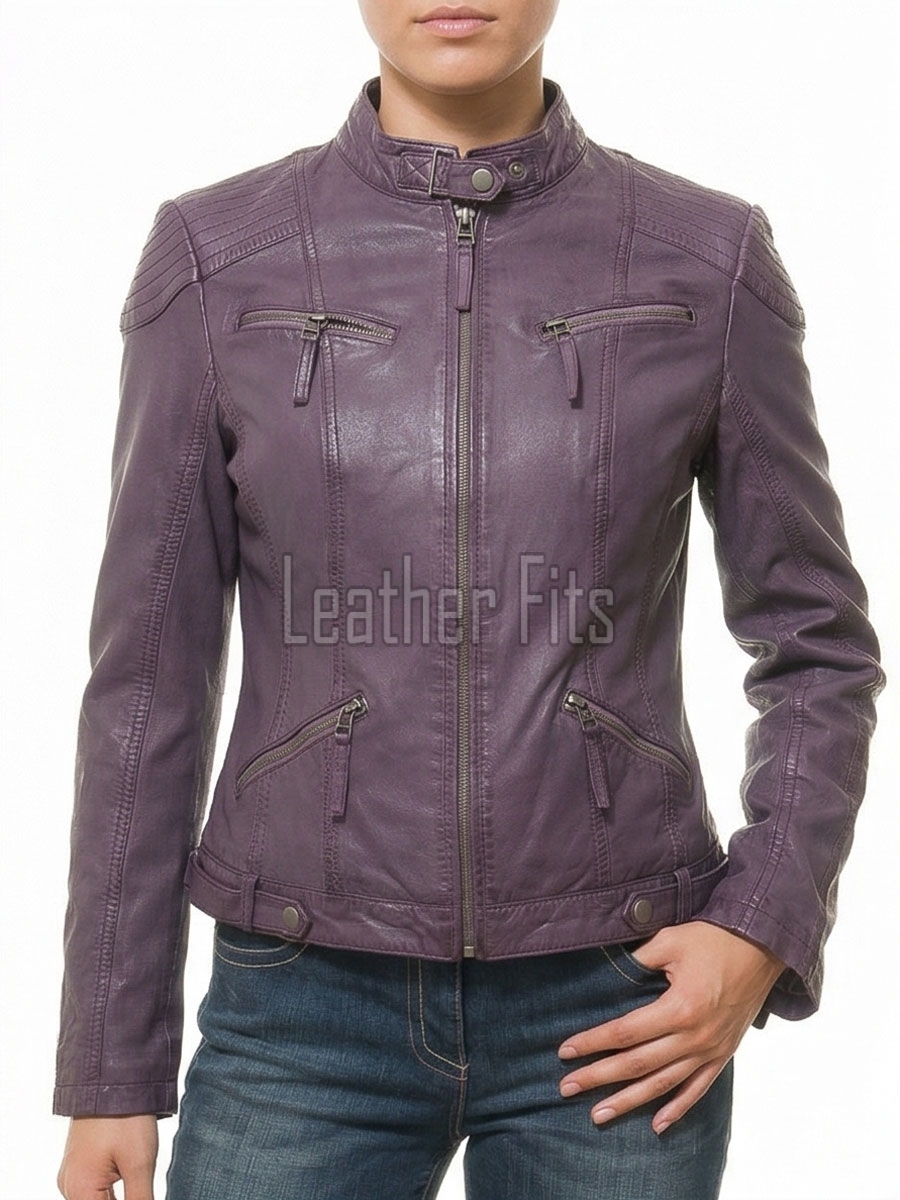 Vibrant Violet Purple Hooded Leather Jacket - Women's Genuine Lambskin Central Zip Outerwear Quilted Shoulder Detail Snap Hem Moto Garment