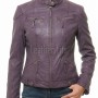 Vibrant Violet Purple Hooded Leather Jacket - Women's Genuine Lambskin Central Zip Outerwear Quilted Shoulder Detail Snap Hem Moto Garment