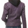 Vibrant Violet Purple Hooded Leather Jacket - Women's Genuine Lambskin Central Zip Outerwear Quilted Shoulder Detail Snap Hem Moto Garment