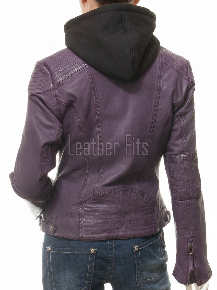 Vibrant Violet Purple Hooded Leather Jacket - Women's Genuine Lambskin Central Zip Outerwear Quilted Shoulder Detail Snap Hem Moto Garment