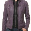 Vibrant Violet Purple Hooded Leather Jacket - Women's Genuine Lambskin Central Zip Outerwear Quilted Shoulder Detail Snap Hem Moto Garment