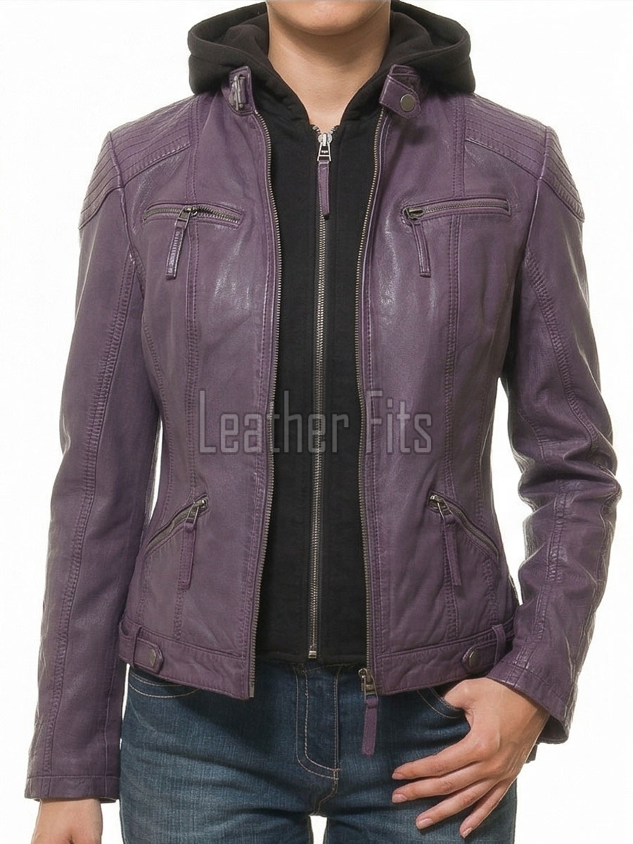 Vibrant Violet Purple Hooded Leather Jacket - Women's Genuine Lambskin Central Zip Outerwear Quilted Shoulder Detail Snap Hem Moto Garment
