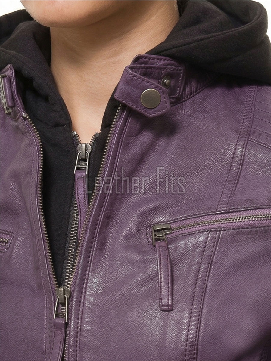 Vibrant Violet Purple Hooded Leather Jacket - Women's Genuine Lambskin Central Zip Outerwear Quilted Shoulder Detail Snap Hem Moto Garment