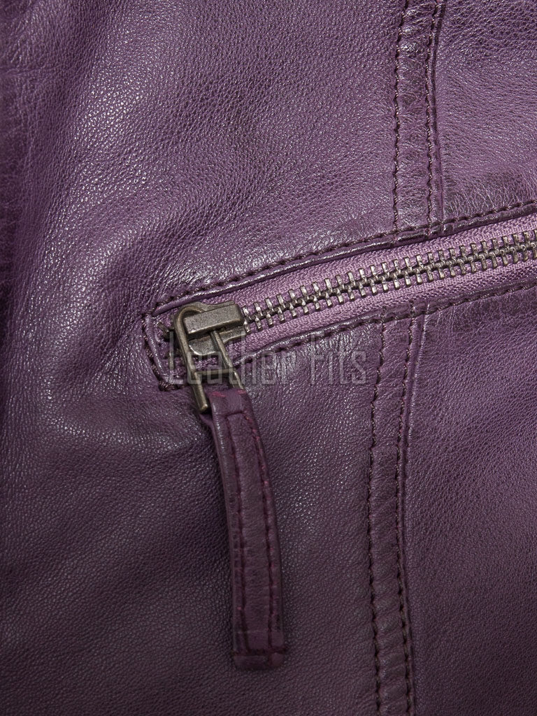 Vibrant Violet Purple Hooded Leather Jacket - Women's Genuine Lambskin Central Zip Outerwear Quilted Shoulder Detail Snap Hem Moto Garment